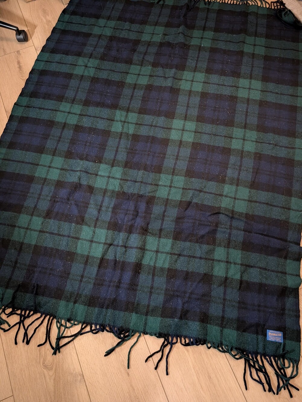 Vintage Pendleton Throw Dark Green/Navy Plaid With Fringe 52 X 68